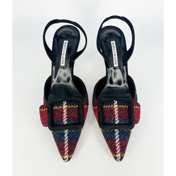 MANOLO BLAHNIK Maysale Red & Green Plaid Slingback Stiletto Sandals Size… - Picture 5 of 12